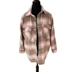 BLANK NYC Fleece Shacket Taupe Pink Cream Plaid Snap Front Cozy Cabincore